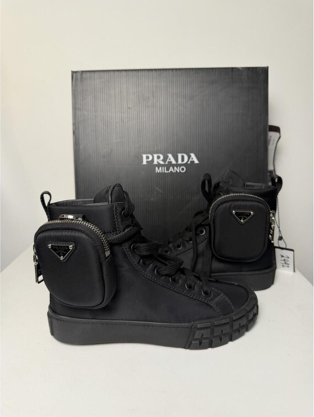 Prada Re-Nylon Pocket High Top Sneakers Black Sz 34.5 Fits US 5.5 New